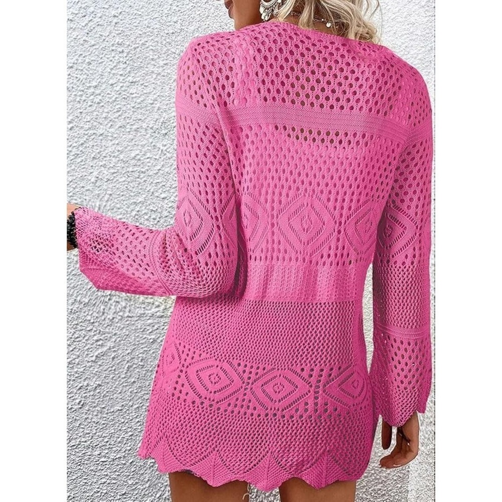 SHEWIN Women's Pink Crochet Tie Front Cardigan Hollow Out Summer Medium - Picture 2 of 5